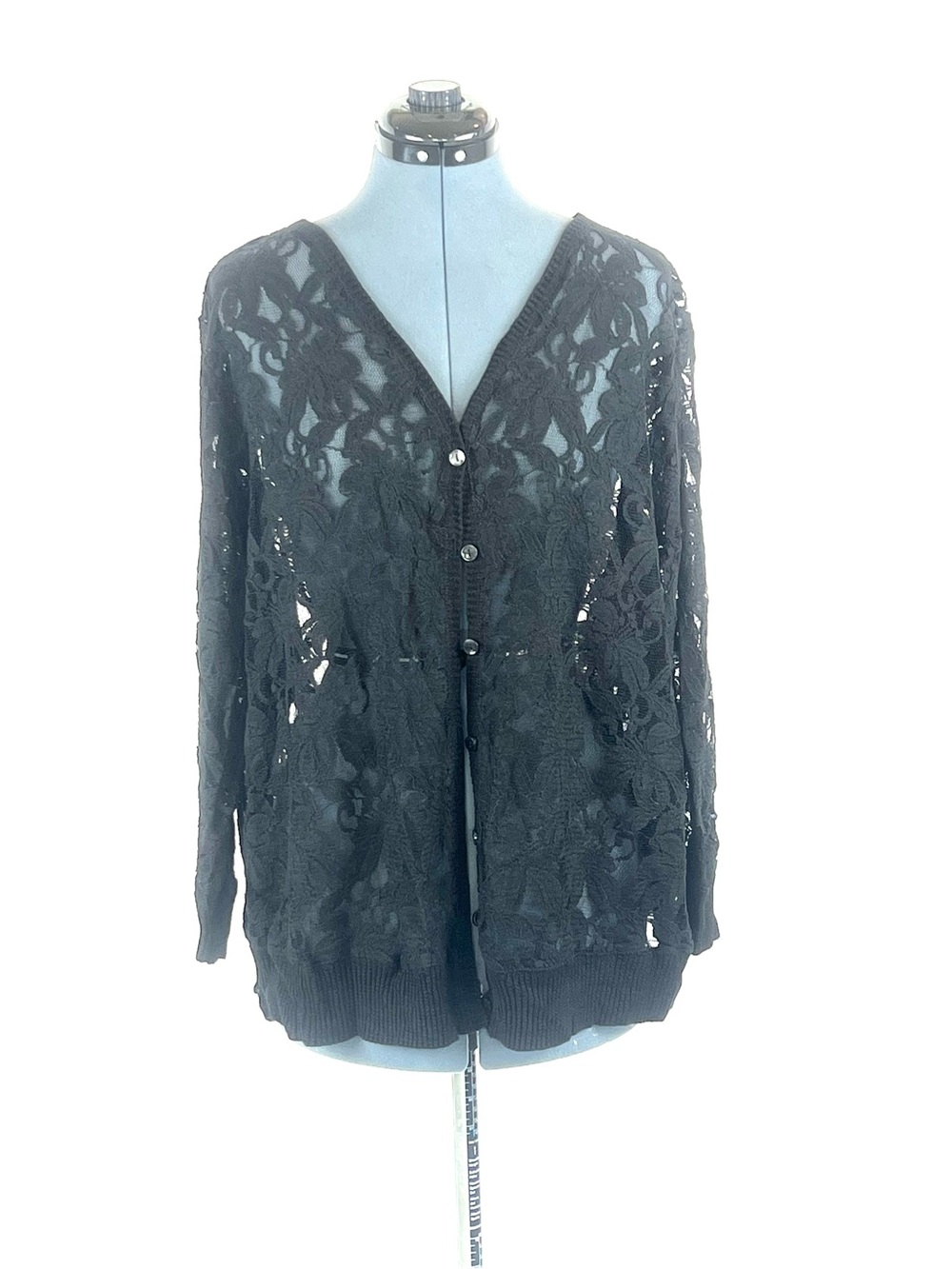 Catherines 2X 22/24W Black Floral Lace Button Front Long Cardigan 123